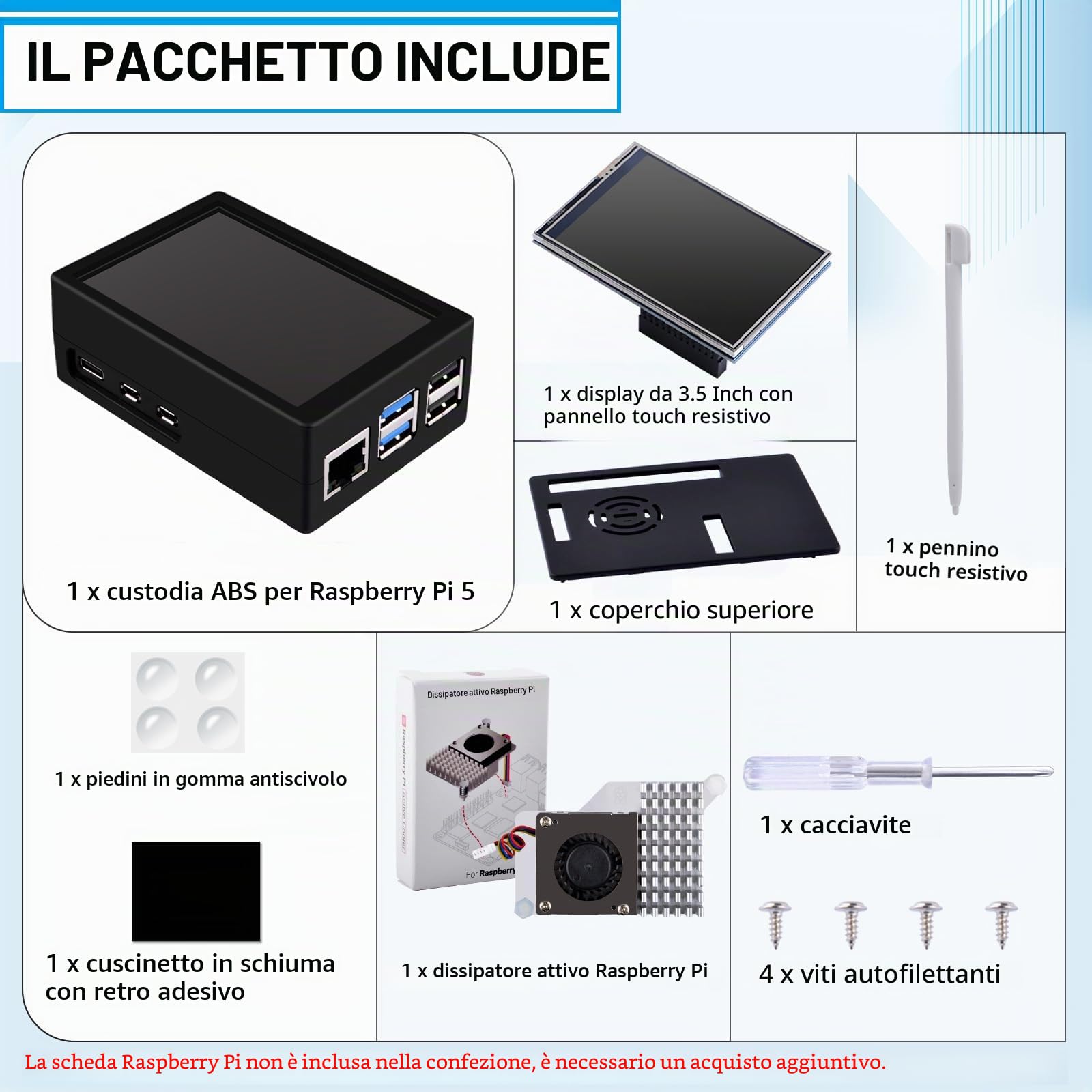 GeeekPi Display per Raspberry Pi 5, Touchscreen da 3,5 Pollici con Custodia, Monitor LCD TFT 480x320 60 fps e Dispositivo di Raffreddamento Attivo Ufficiale