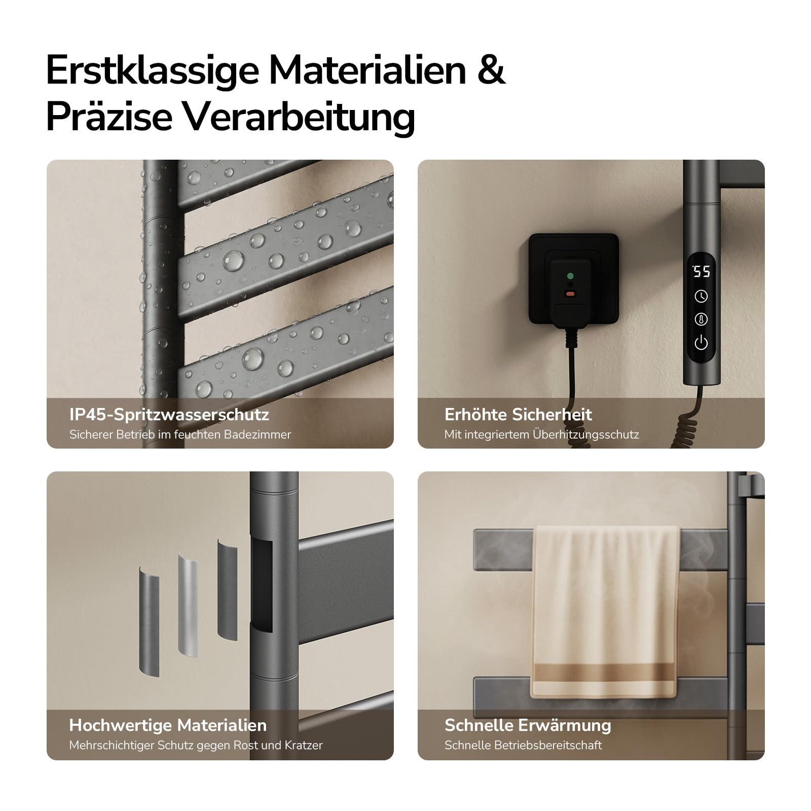 EMKE Elektrischer Badheizkörper 769x450 mm, 180° schwenkbarer Handtuchwärmer mit WiFi-App-Steuerung, Flacher Handtuchheizkörper mit Thermostat & Timer, 120 Watt, IP45, Grau