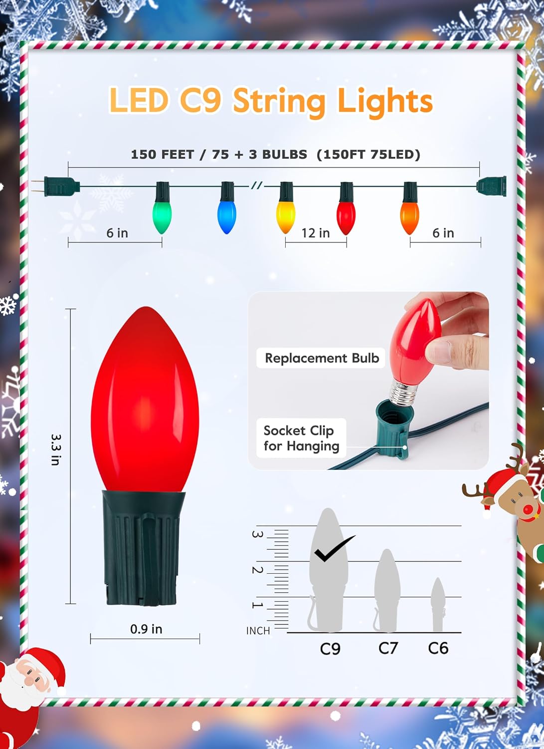 Vintage C9 LED Christmas Lights Outdoor, 150 Feet C9 String Lights with 75 Shatterproof C9 Bulbs, Waterproof Connectable Commercial Christmas Tree Lights for Outside Roofline Patio Decor, Multicolor