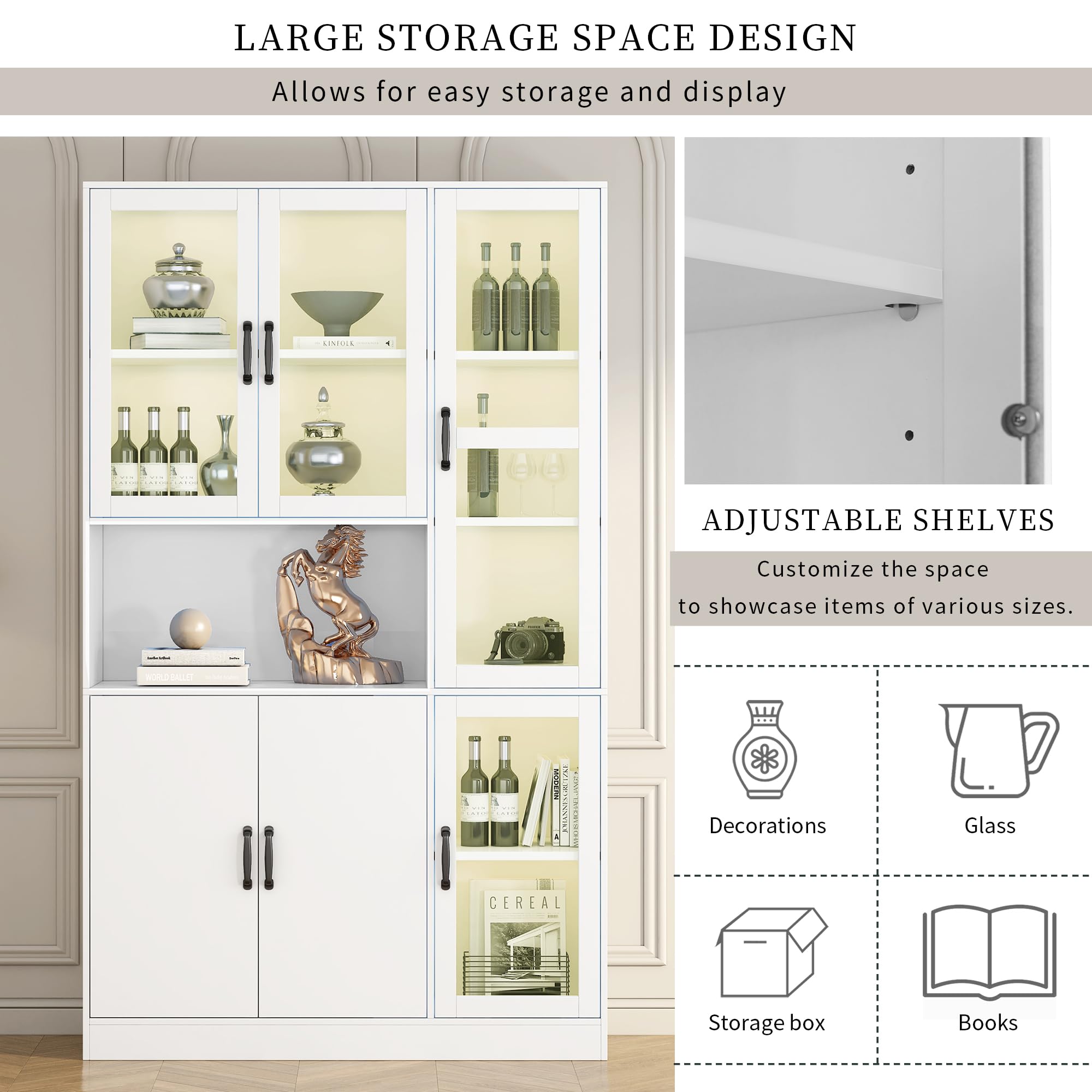 Weißer Vitrinenschrank 120x40x200cm - Mit LED Licht & Türen Für Wohnzimmer