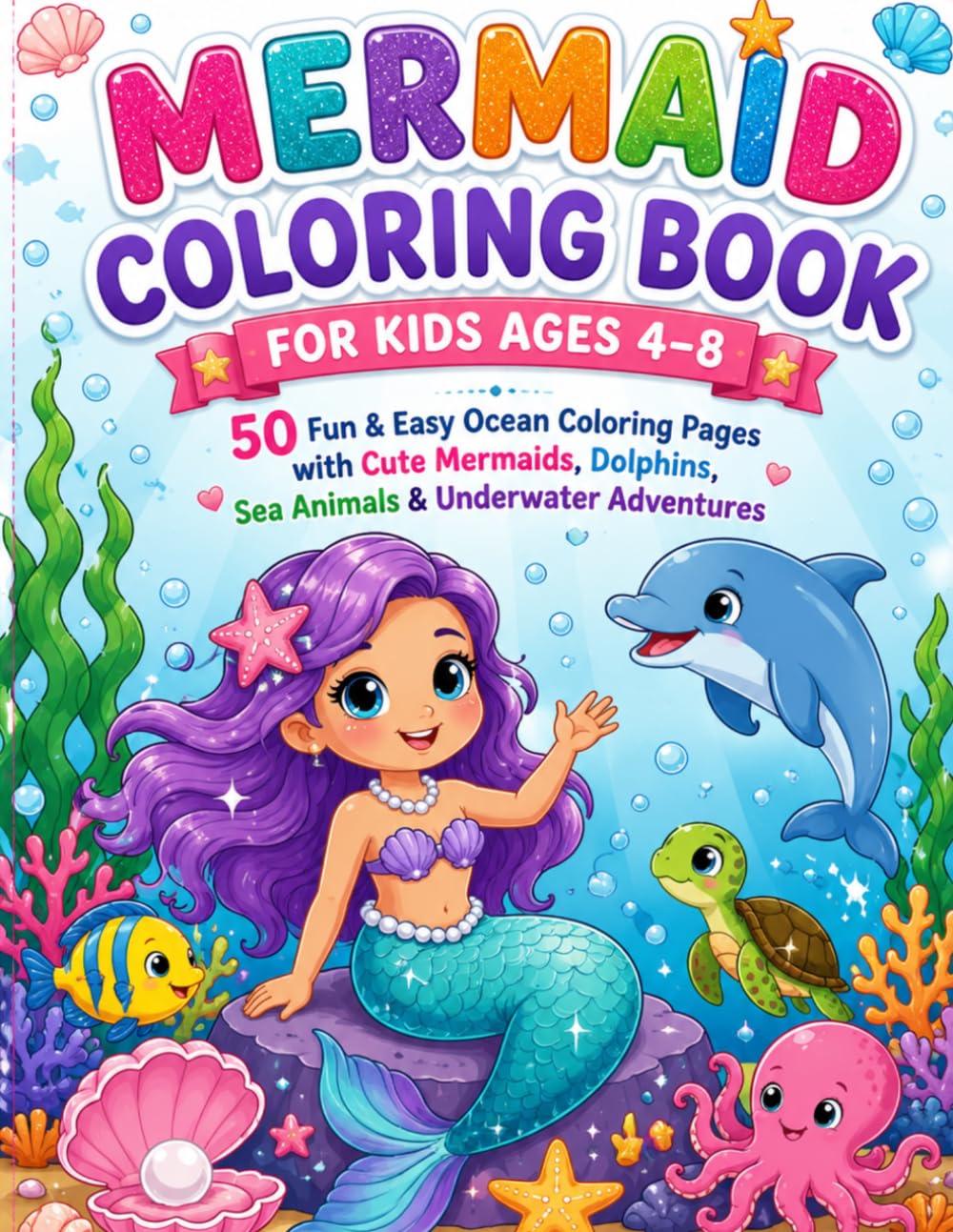 Mermaid Coloring Book for Kids Ages 4–8: 50 Fun & Easy Ocean Coloring Pages with Cute Mermaids, Dolphins, Sea Animals & Underwater Adventures