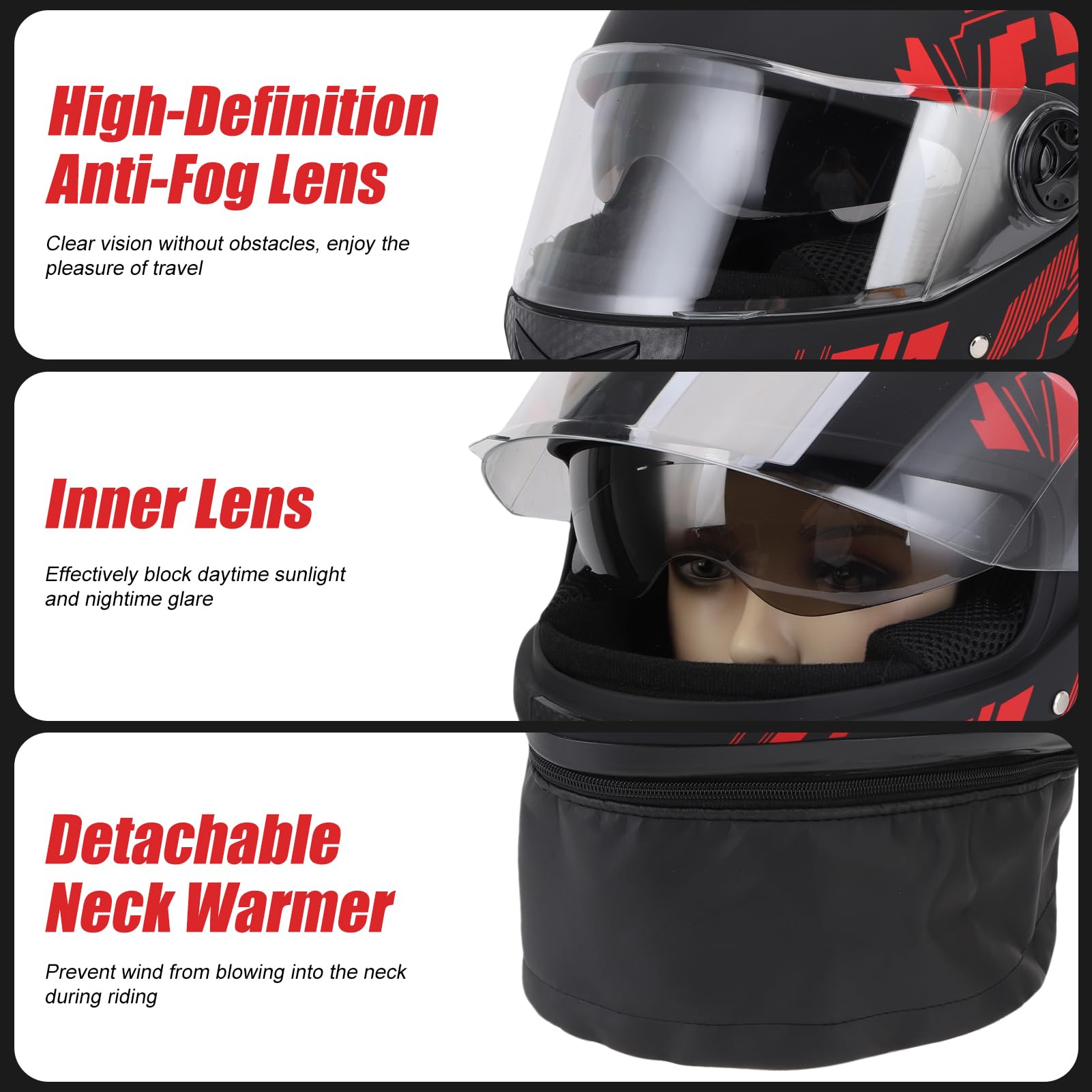 Casque de Moto, Casque de Vélo Léger pour Hommes et Femmes, Circonférences de Tête de Casque de Visage Complet de 54 à 61 Cm avec Coucheur de Cou Détachable, Couche de Coton