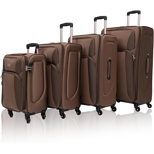GDFStudio 4 Piece Softside Luggage Set with Spinner Wheels, Expandable Lightweight Suitcase Travel Set, Durable Softshell Trolley Bags with Carry-On and Checked Sizes – Brown