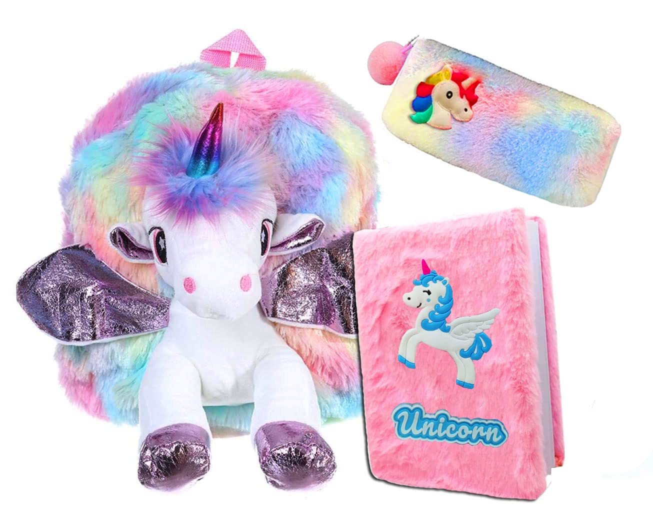 KOBBET® Pack of 3 Set Unicorn Big Size Fur Bag, Shoulder Bag, Backpack for Girls, Furry Diary, Notebook A5 Size Ruled Diary for Girls, Soft Cute Pencil Pouch Gift Set for Girls Rakhi Gift (Style 1) (B0B3VXW2TW) Amazon Price History, Amazon Price Tracker