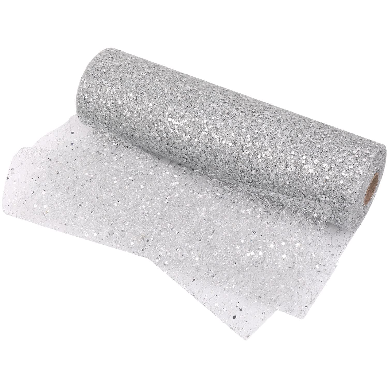 Trimming Shop Christmas Tulle Fabric Roll Soft Glitter Mesh Ribbon Spool with Shiny Sequins 11 Inch x 27 Yards for Xmas Tree, Table Runner, Wedding, Banquet Decoration, Silver
