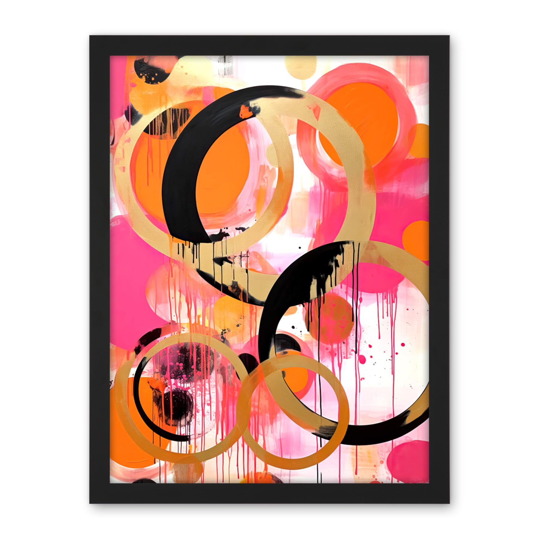 Artery8 Abstract Circles Oil Painting Bright Pink Orange Gold Black Geometric Drip Paint Artwork Framed Wall Art Print 18X24 Inch