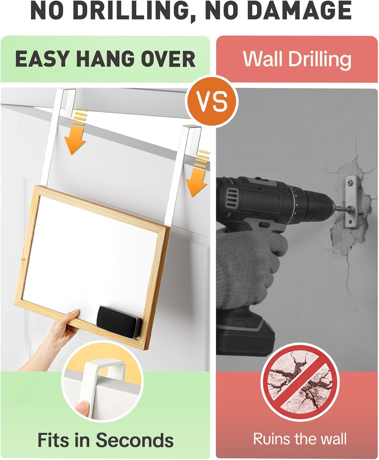 Bulado Over the Door Whiteboard, 16"x12" Wooden Dry Erase Board with 2 Hanging Rods, Small White Board for Door, Cubicle Whiteboard for Home, Office, Dorm, No Drills