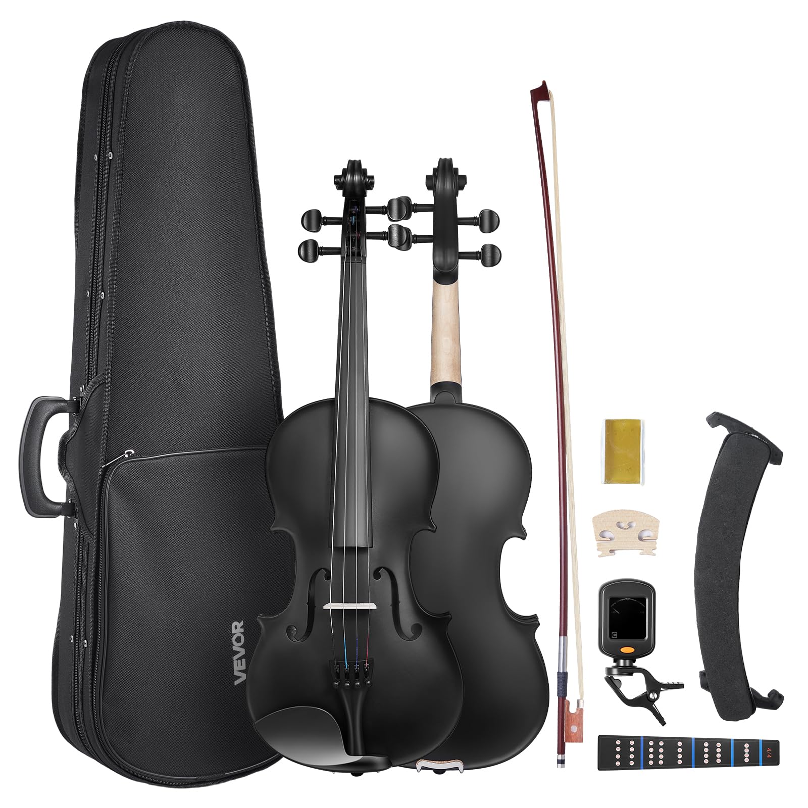 VEVOR Violon 4/4, Kit Violon Débutants Bois Massif avec Étui, Colophane, Archet, Épaulière, Chevalet, Accordeur, Cordes de Rechange, Instrument de Musique Professionnel pour Étudiants, Adultes, Noir