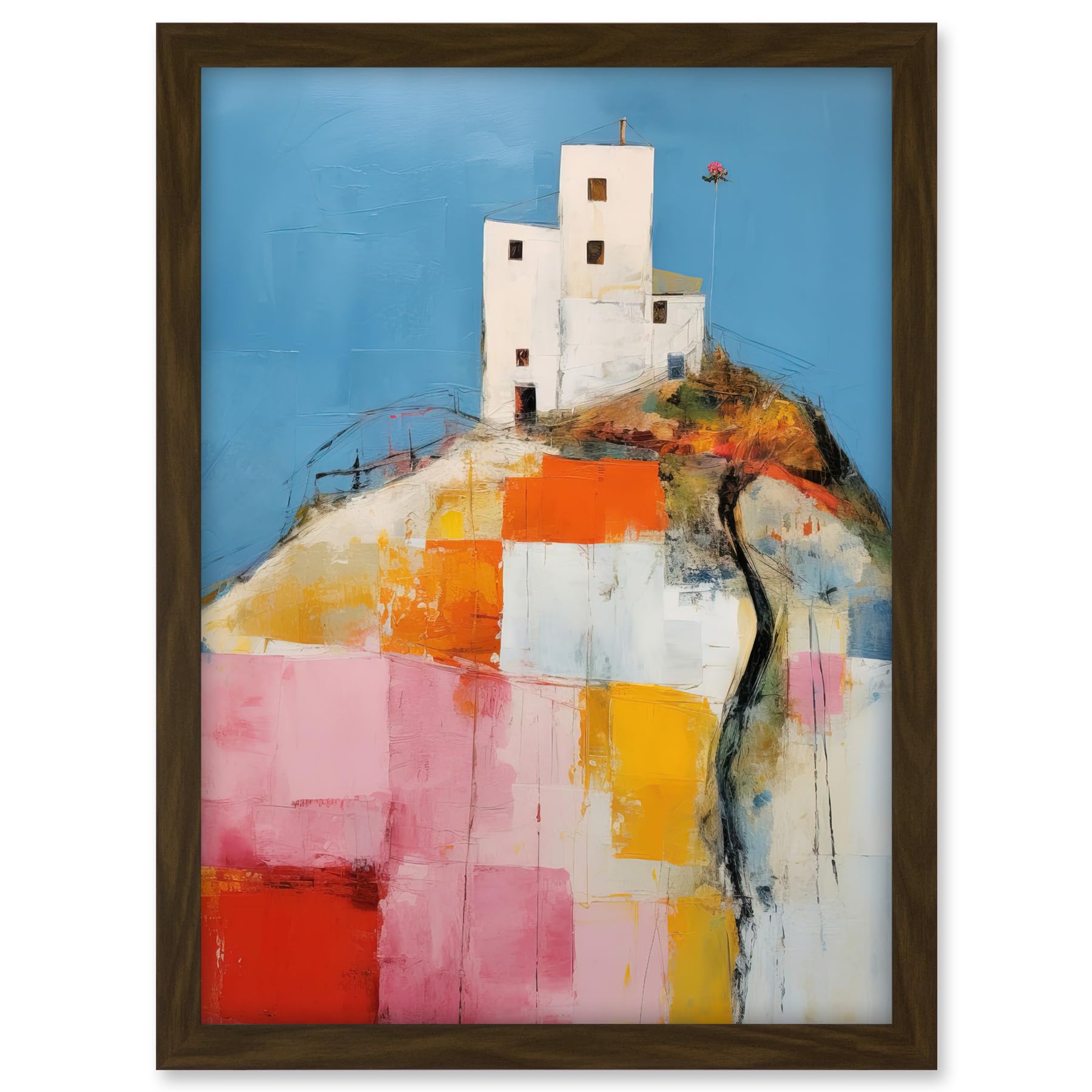 Artery8 House on the Hill Oil Painting Abstract Geometric Patchwork Palette Knife Pastel Colour Rural Landscape Artwork Framed A3 Wall Art Print