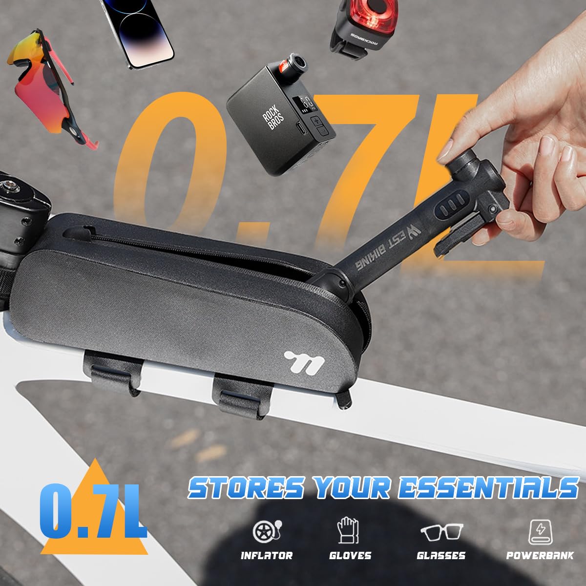 Borsa Telaio Bici,Borsa Bici,Borse Bici con Cinghie Adesive e Viti di Fissaggio,Borsa Bici Telaio Impermeabile per MTB,Bici da Strada,Bici da Città