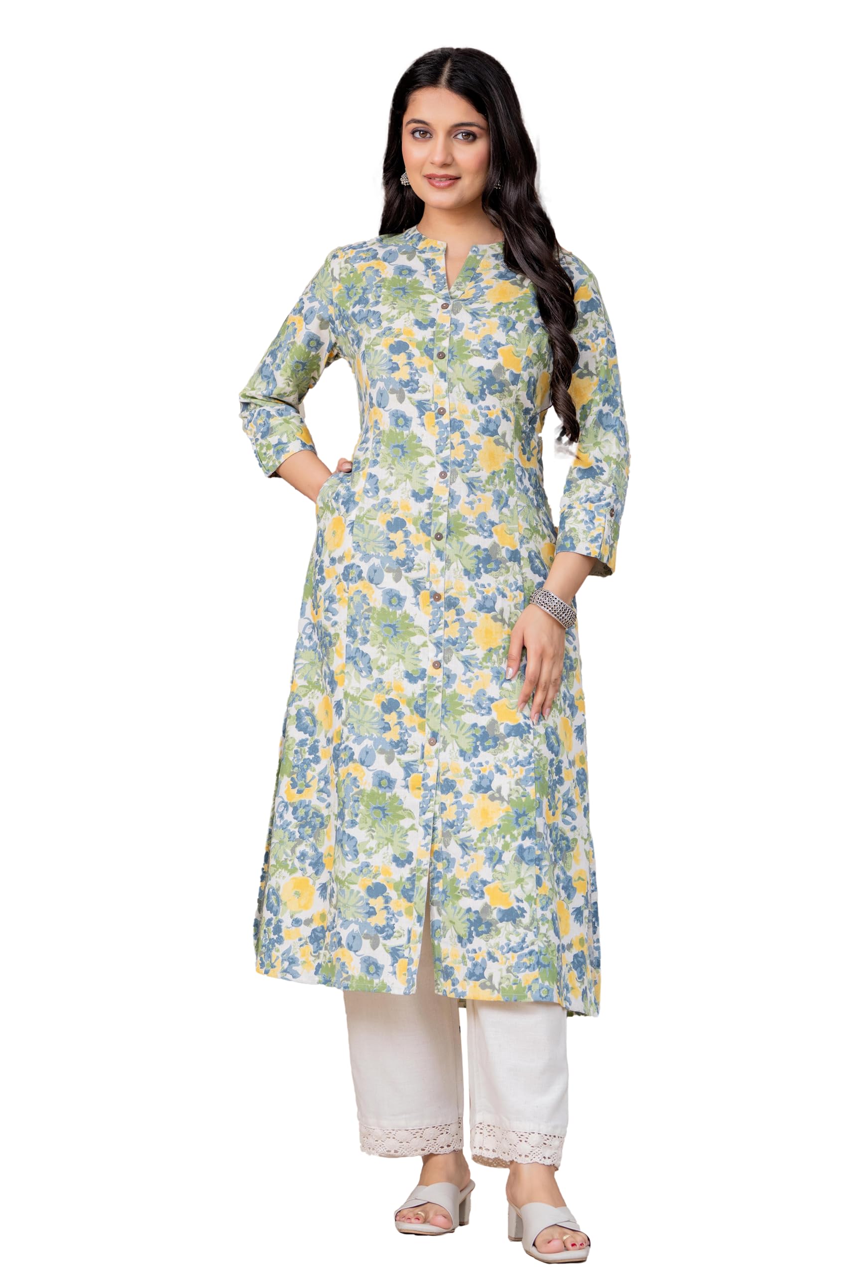 pistaa's Women Pure Cotton Printed Mandarin A-Line Kurta with Palazzos-picture-32