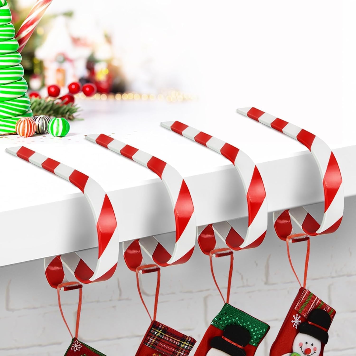 ALUNME Christmas Stocking Holders for Mantle Set of 4, Adjustable Candy Cane Stocking Holder for Mantle, Non-Slip Lightweight Xmas Hangers for Christmas Decorations (red and White Stripe, 4)
