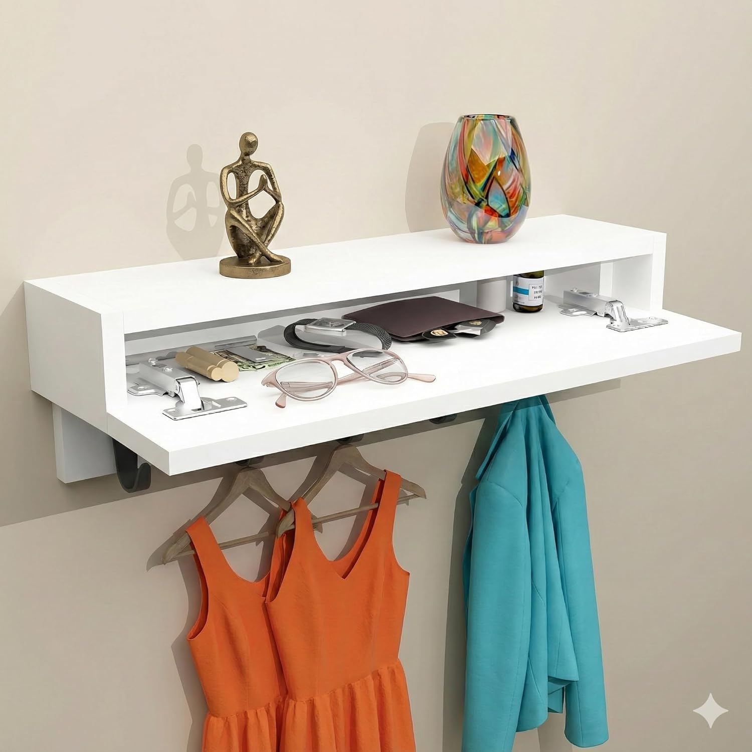 24" Entryway Coat Rack with LED Ambient Light, Premium Eco-Friendly Wood Wall Mount Floating Shelf with Storage, Minimalist Organizer with Hooks for Coats, Bags & Entryway Decor, Warm White