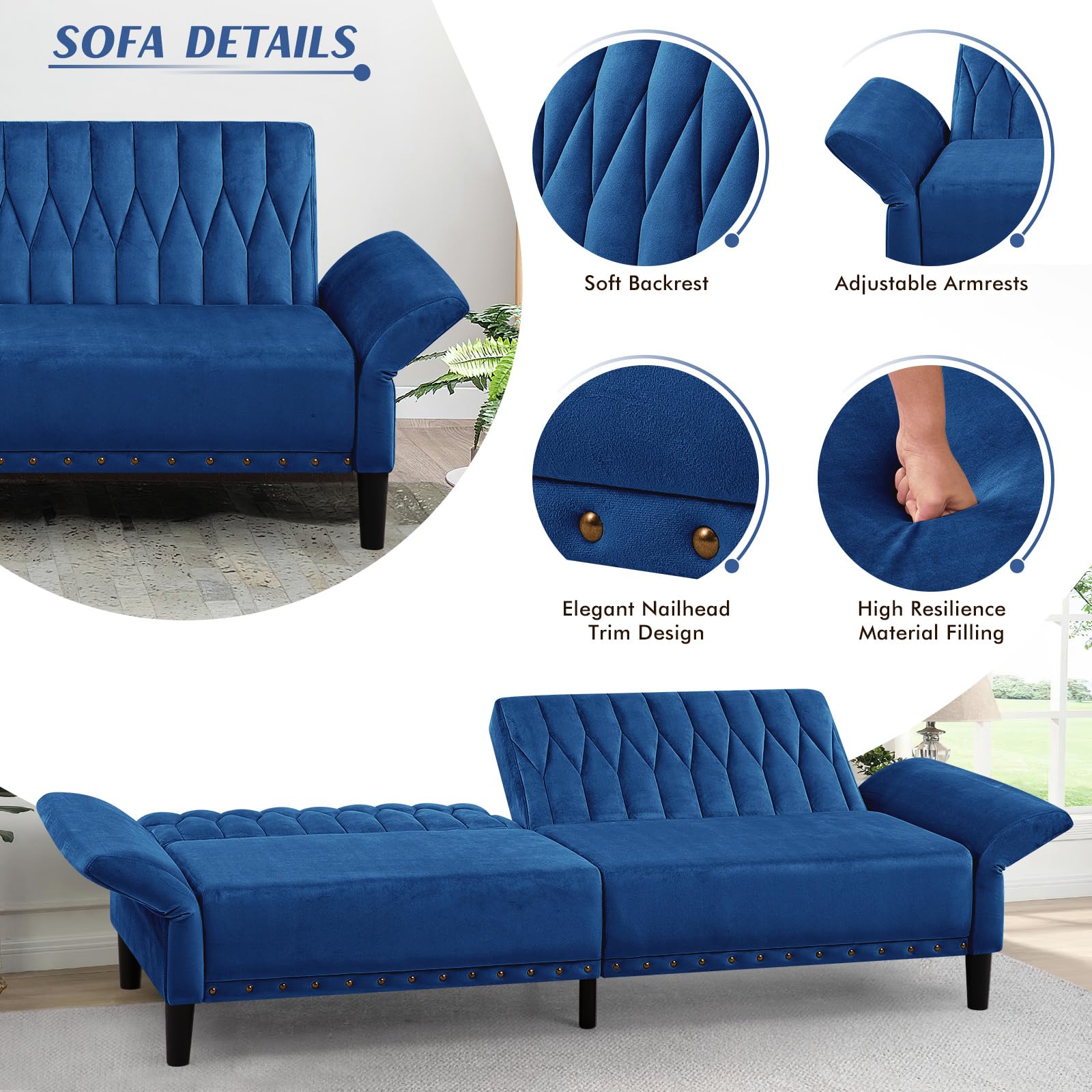 77” Velvet Sofa Bed with Adjustable Armrests and Backrests, Blue | Tufted Convertible Futon Couch with Nailhead Trim, Loveseat Modern Velvet Sleeper Sofa for Living Room,Bedroom,Office