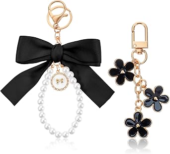 Bremorou 2Pcs Pearl Bow Keychain, Backpack Keychain Set, Cute Flower Bowknot & Pearl Keyring Charms, Bow Bag Purse Charm Wristlet Ribbon Keychains for Handbags Backpack Christmas