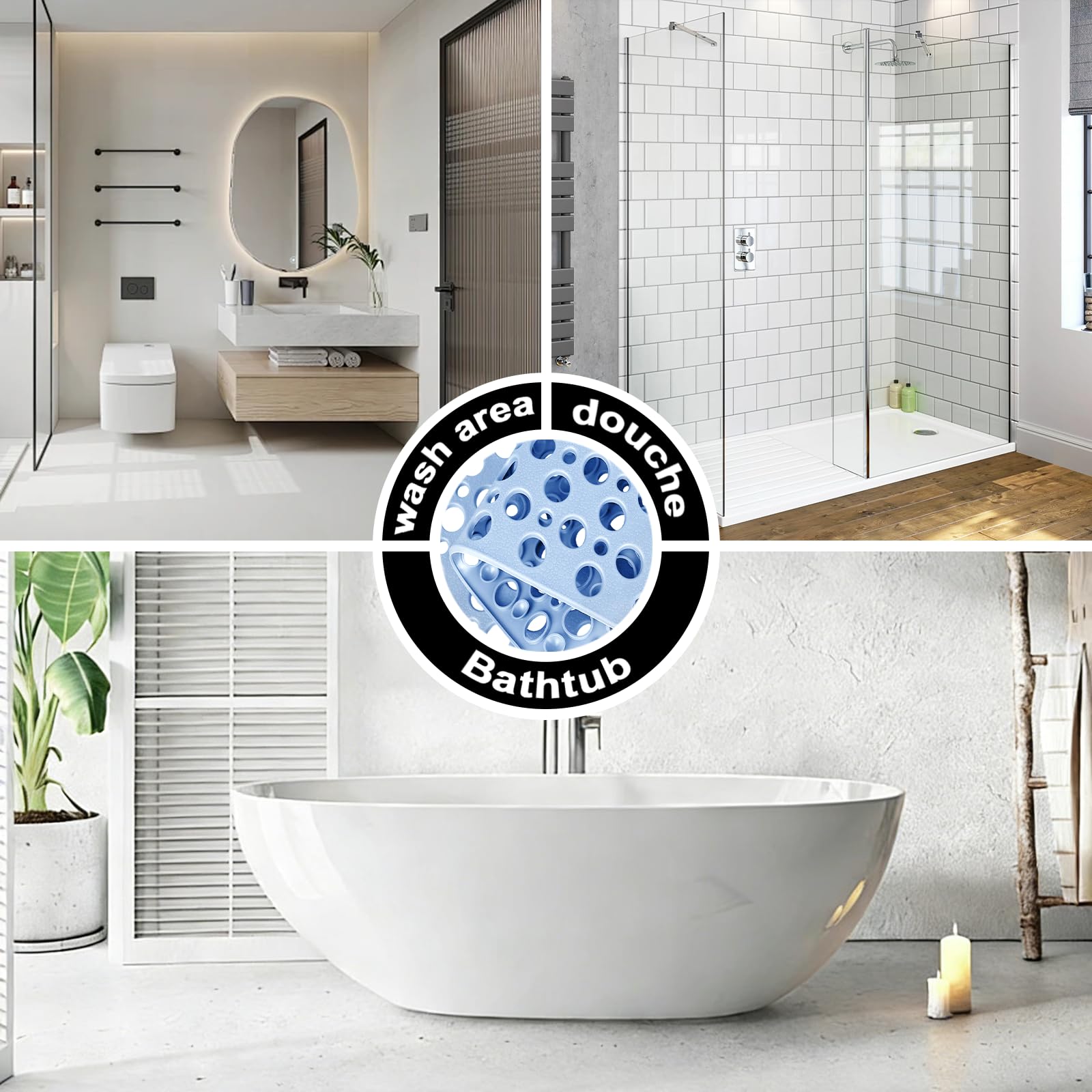Tapis de douche antidérapant et anti-moisissure 60 x 90 en TPE avec ventouses pour douche et baignoire, lavable en machine avec trous de drainage (bleu pur, rectangulaire, 60 x 90 cm)