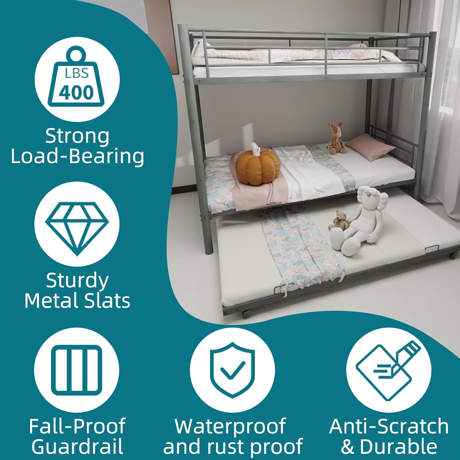 Twin Over Twin Metal Bunk Bed for Kids Teens Adults, Convertible into Two Beds, Noise-Free Steel Frame with Guardrails & Ladder, Space-Saving Design for Bedroom Dorm, Silver