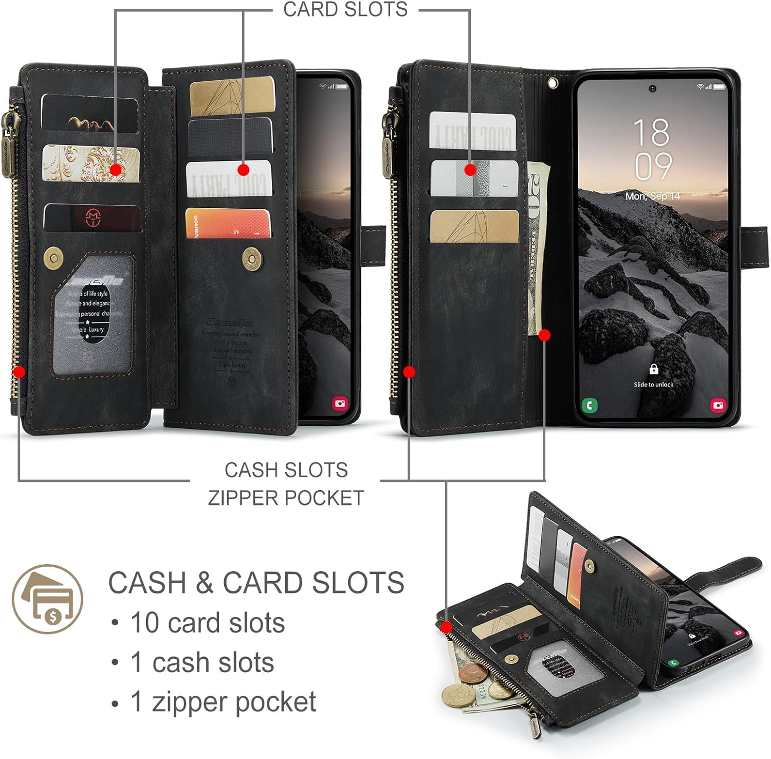 Compatible with Samsung Galaxy S26 Ultra Wallet Case with Card Holder Kickstand Magnetic Zipper Pocket Lanyard Strap Wristlet,Leather Flip Case Wallet for Galaxy S26 Ultra 6.9 Inch (Black)