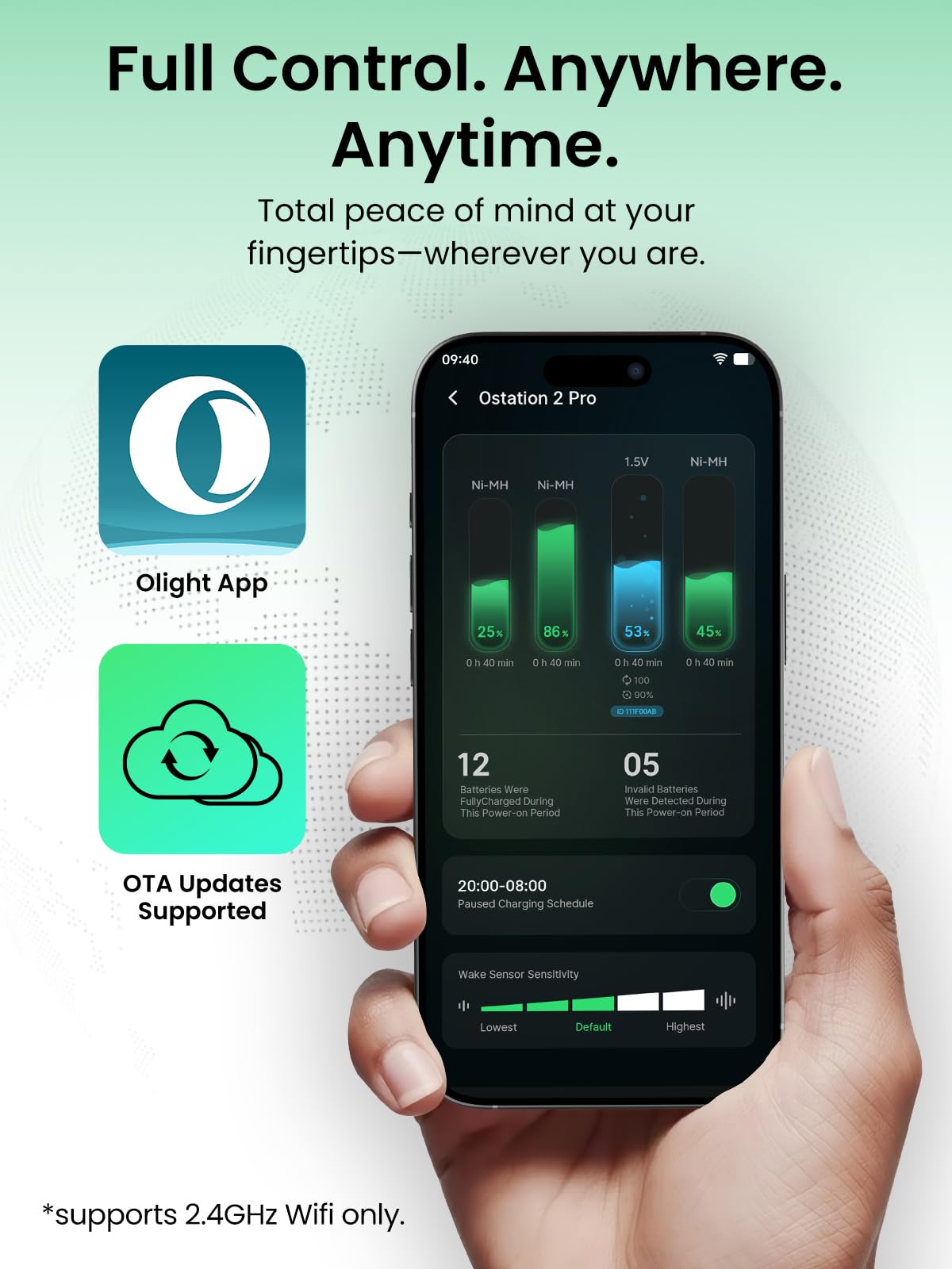 Ostation 2 Pro wiederaufladbare Batterien mit 3-in-1-Ladegerät, keine Polarität erforderlich, App-Fernbedienung, schnelles Aufladen, automatische Erkennung und Speicherung, Ladeanschlüsse für