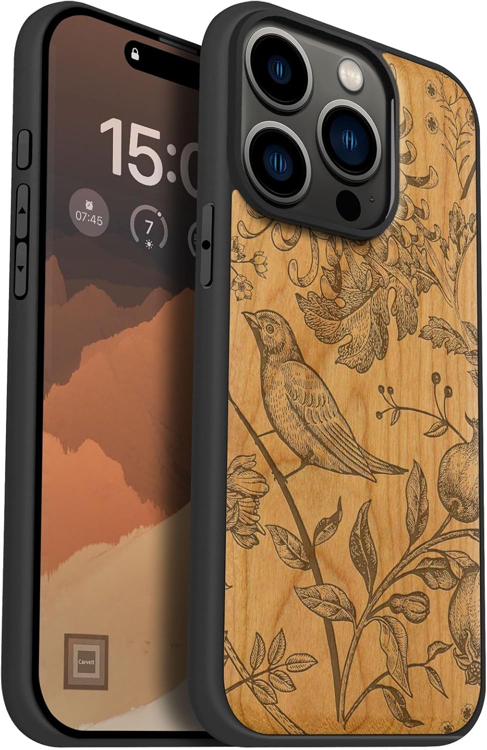 Carveit Magnetic Wooden Case for iPhone 15 Pro Case, Compatible with MagSafe Wireless Chargers, Black Soft TPU Shockproof Cover & Wood Artisan Engraved (Chrysanthemum and Songbird) - Cherry