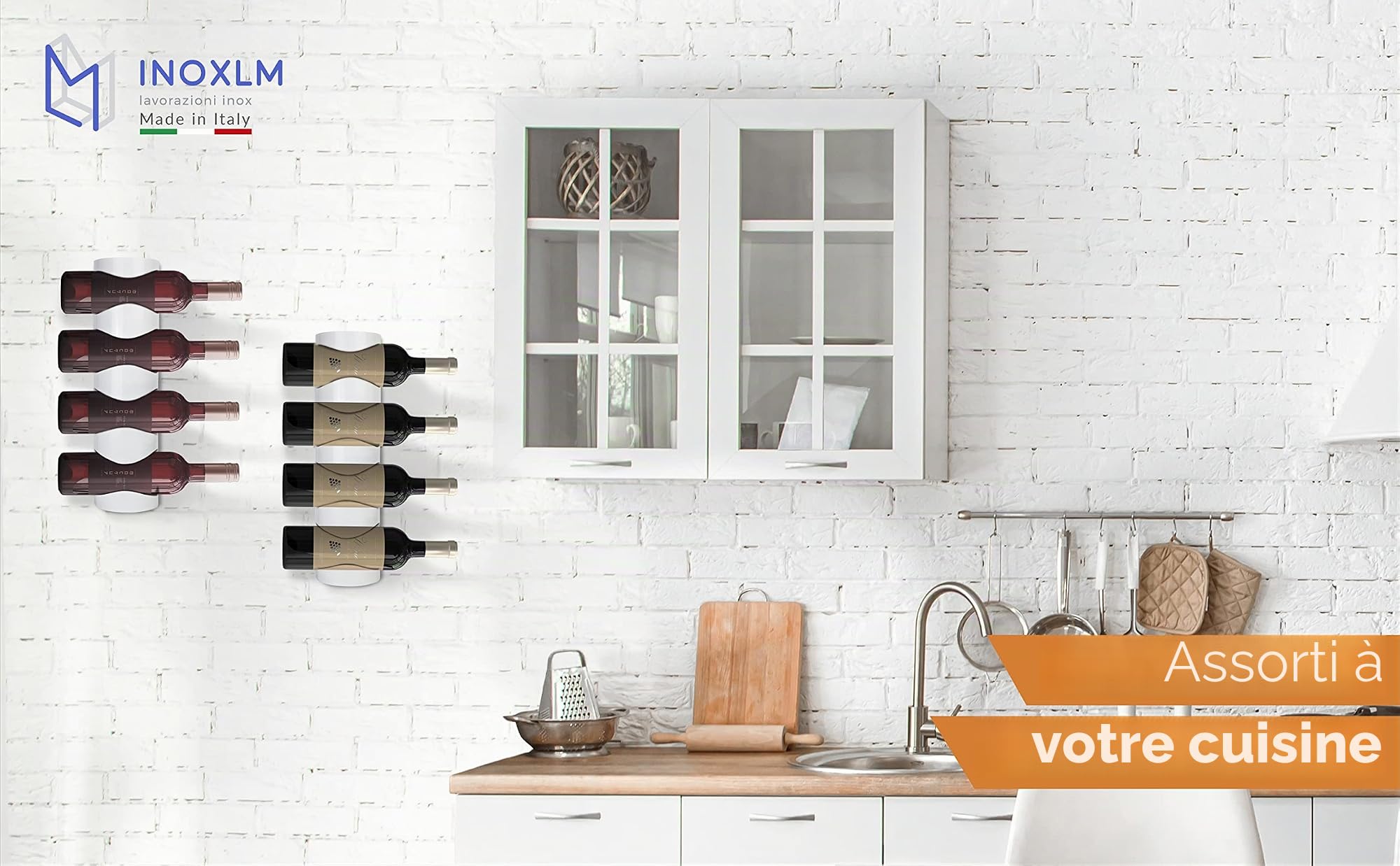 INOXLM Porte-Bouteilles en Acier | Porte-vin en différentes Couleurs | Porte-Bouteilles Mural Blanc | Présentoir pour vin Noir | Présentoir pour 4 Bouteilles Marron | Cave | Modèle Mercure (White)