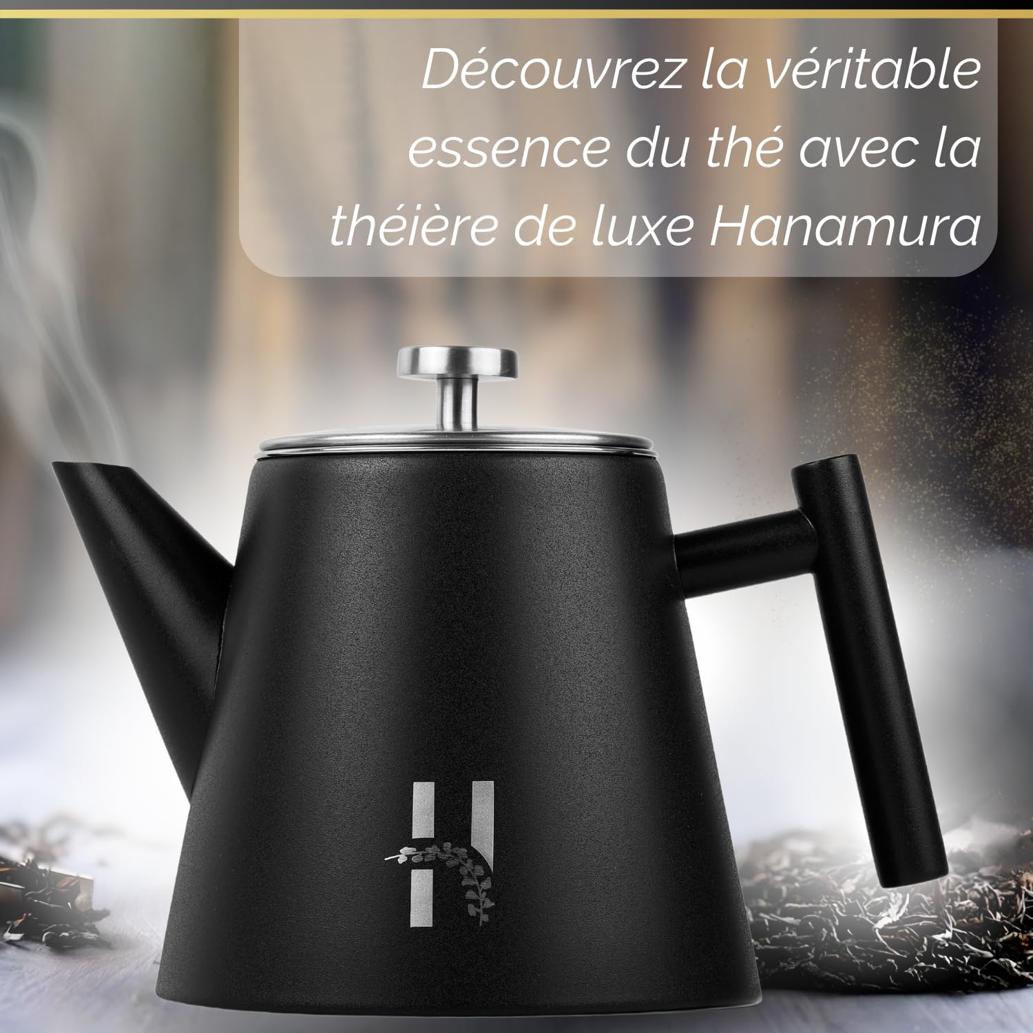 Théière isotherme Hanamura avec infuseur - en acier inoxydable à double paroi 1L - noire moderne pour thé et tisane