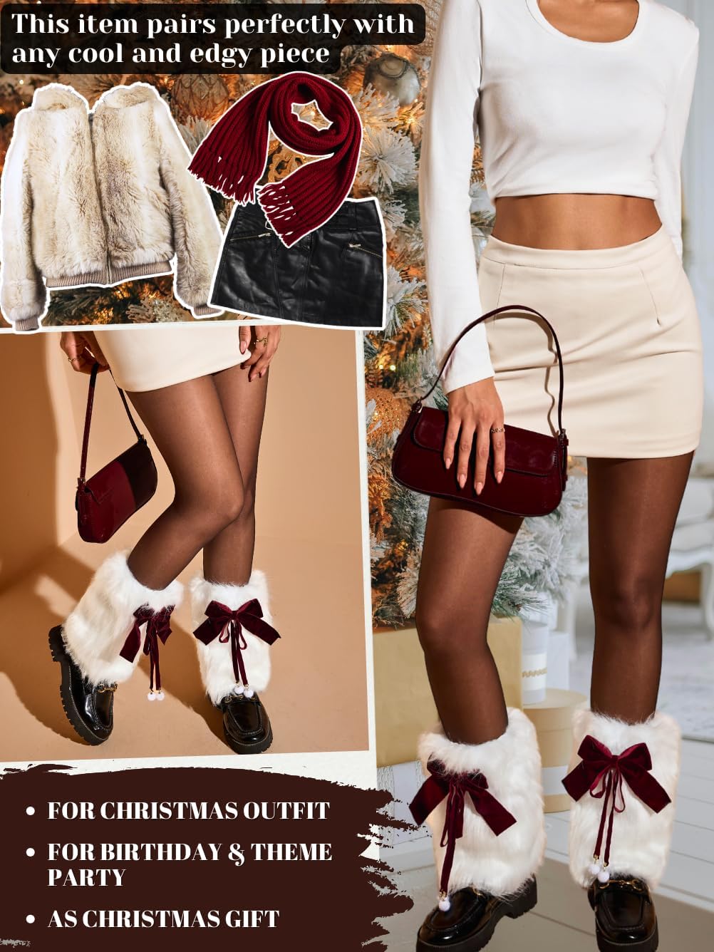 Bow Leg Warmers,Cute Faux Fur Boot Covers For Women,2000S Furry Outfit Rave Concert Christmas - Image 5