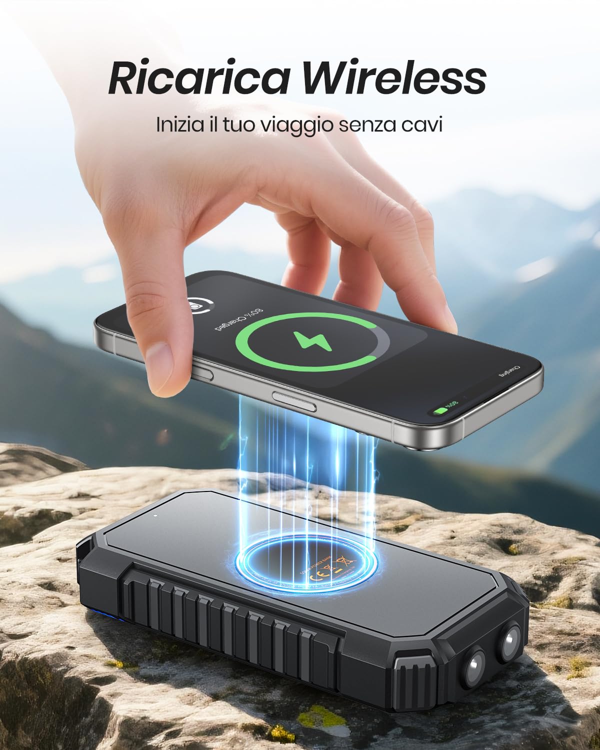 A ADDTOP Caricatore Solare Power Bank Wireless 26800mAh - USB C PD QC Caricatore Portatile con 4 Uscita & Doppia Torcia, 15W Ricarica Rapida, Batteria Esterna per Smartphone, Tablets e Campeggio