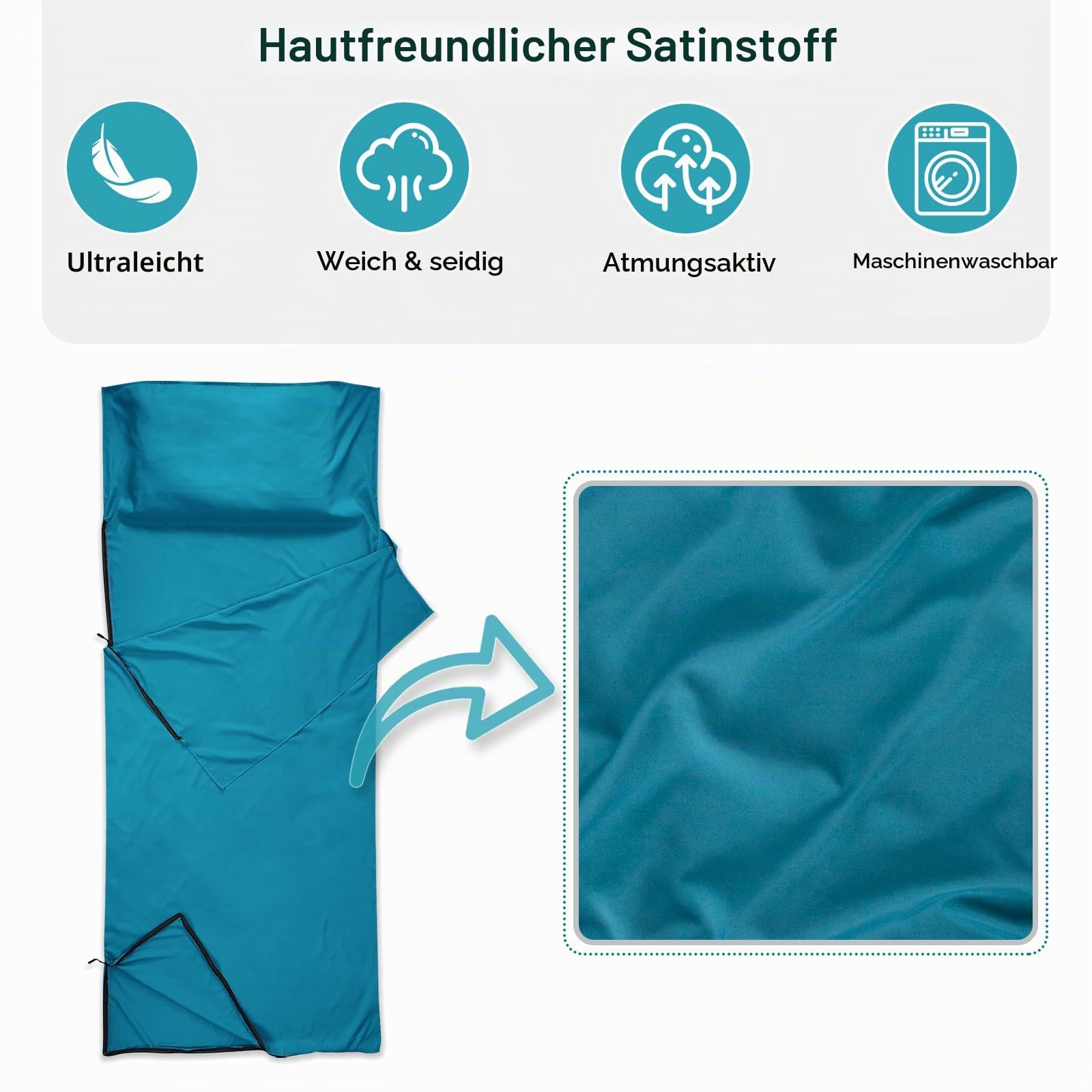 Hüttenschlafsack, Schlafsack kleines packmaß nur 280 g aus neuartiger Satin wie Seide, Ultra leicht, Klein und Dünn Seidenschlafsack, Ideal für Backpacking, Hostels und Berghütten