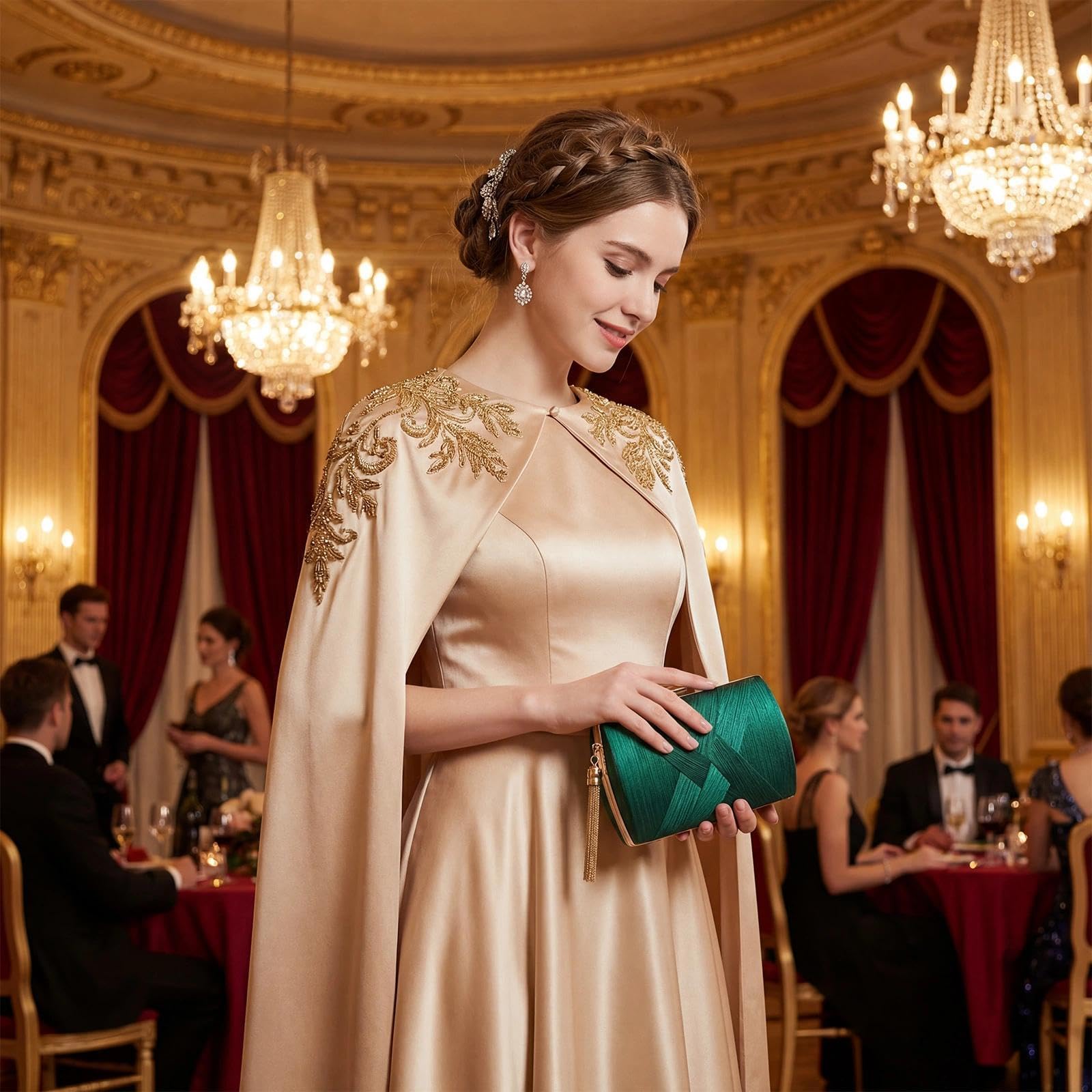 Pochette Oro da Sera Clutch Donna Pochette Dorata Cerimonia con 2 Catena, Elegante Borsa da Sera con Nappa da sposa Borsa Tracolla Piccola Borsetta per Feste di Matrimonio (Verde)