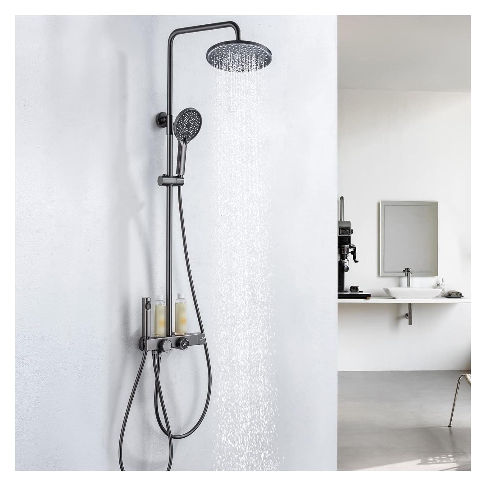 Ducha termostática con indicador de Temperatura, Grifo para bañera, rociador de bidé, Ducha de Mano y Grifo de bañera de Pared, Color Gris.