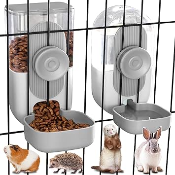 Kenond Hanging Automatic Food Water Dispenser, 35oz Rabbit Feeder Guinea Pig Water Bottle Feeder for Ferret Guinea Pig Rabbit Bunny Cage AccessoriesGray