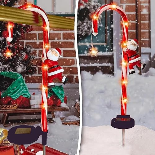 Syfunlv 2 pièces de lumières de Père Noël solaires pour jardin, bâtons de Noël LED en sucre d'orge, guirlande lumineuse de décoration de jardin de Noël étanche, pour l'extérieur jardin cour balcon - 5