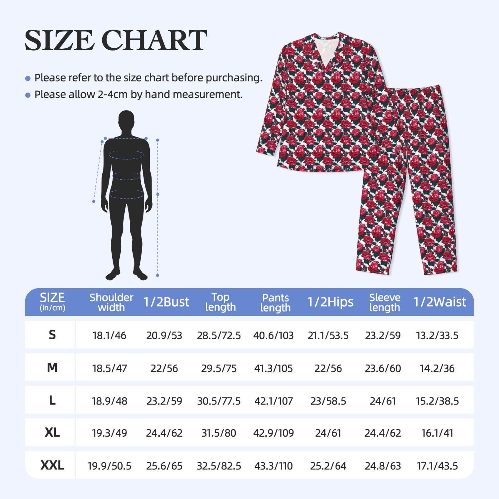Herren-Pyjama-Set mit Rosenblüten und Blumenbild, langärmelig, zweiteilig, Hauskleidung, bequeme Nachtwäsche