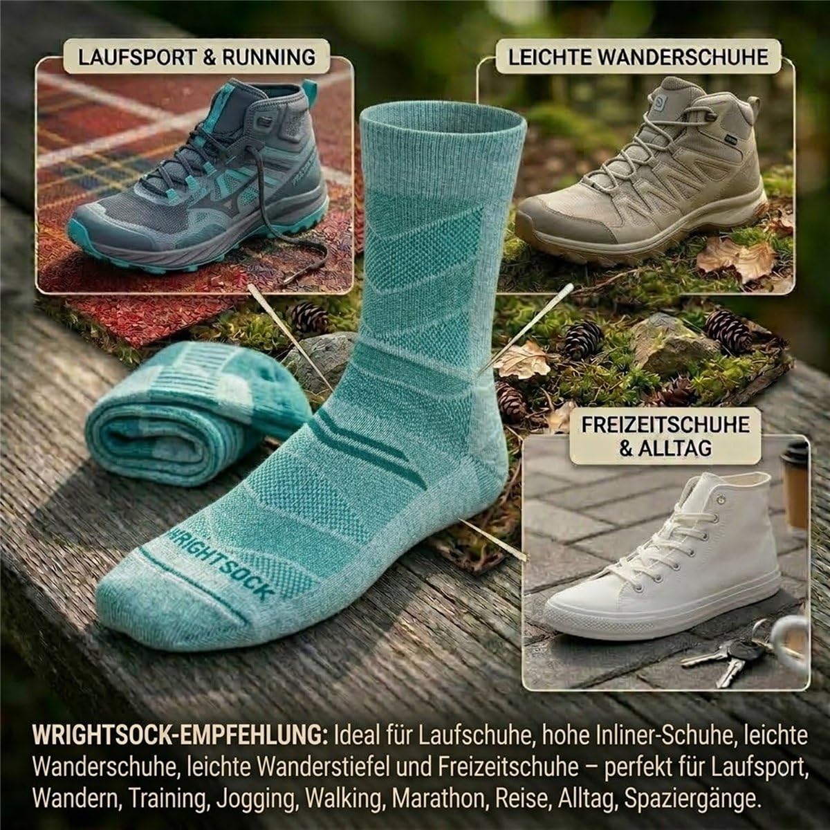 Wrightsock - 1 Paar Herren/Damen Profi Sportsocke, Laufsocke, Modell Coolmesh II, Anti-Blasen-System, doppellagig, Crew (wadenhoch)
