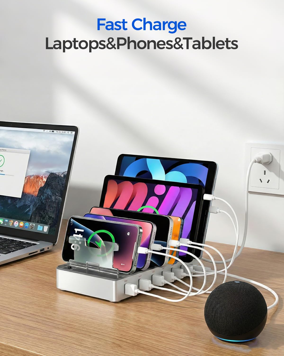 Estación de carga de 300 W para múltiples dispositivos, estación de carga rápida de 6 puertos, compatible con iPhone, iPad, tabletas Android, organizador de viaje de oficina en casa