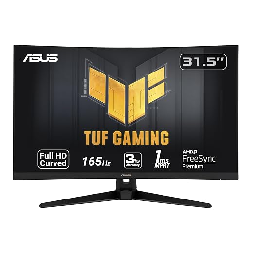 ASUS TUF Gaming 32" 1080P Curved Monitor (VG328H1B) - Full HD, 165Hz (Supports 144Hz), 1ms, Extreme Low Motion Blur, Speaker, Adaptive-Sync, FreeSync Premium, VESA Mountable, HDMI, Tilt Adjustable