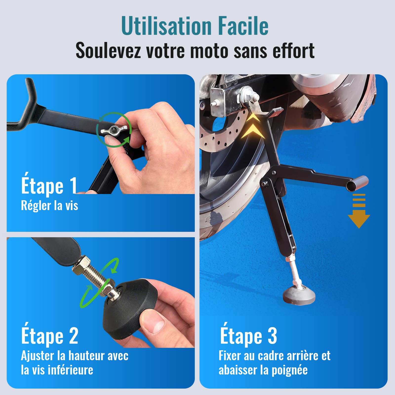 Bequille Moto Pliable, Crics de Levage Portable pour Roue Arrière, Leve Moto Universel avec Poignée, Hauteur et Angle Réglables, pour la Plupart de Moto, Vélo, Tout-Terrain
