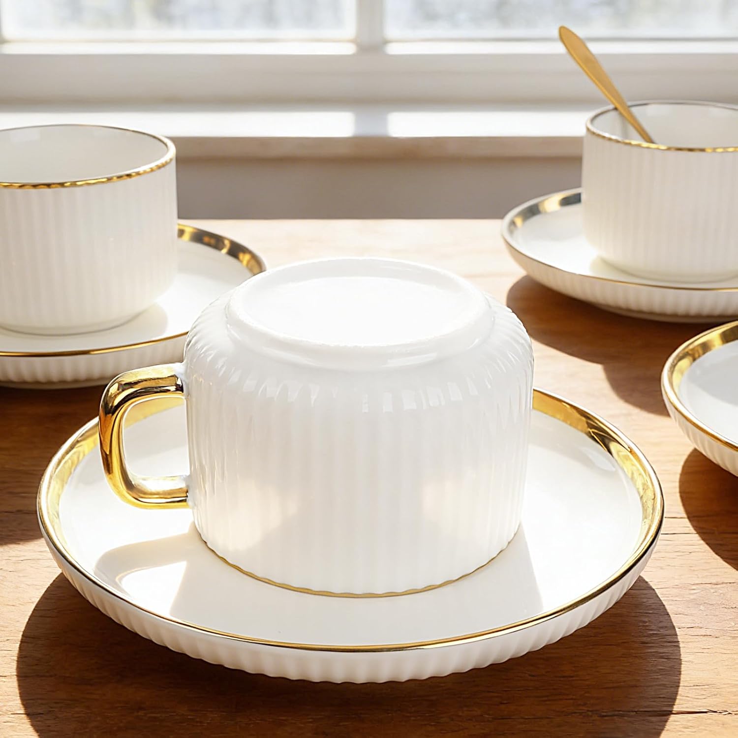 7oz White Gold Ceramic Coffee Mug Set of 4, Latte Mugs with Saucers and Spoons, White Latte Cups and Espresso Mug for Specialty Coffee Drinks, Latte, Cafe Mocha, Tea