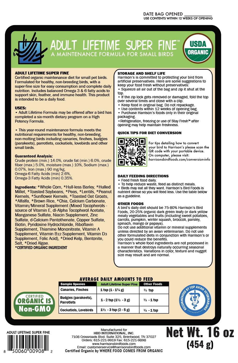 Harrison's Bird Food Adult Lifetime Super Fine 454g