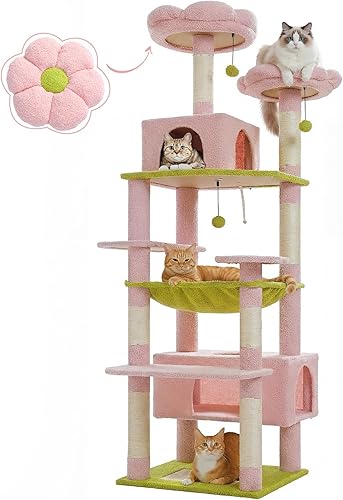 PAWZ Road Flower Cat Tree, 72 Inches Large Cat Tower with Steel Frame Hammock and 7 Scratching Posts, Tall Cat Tree with 2 Condos and Perches for