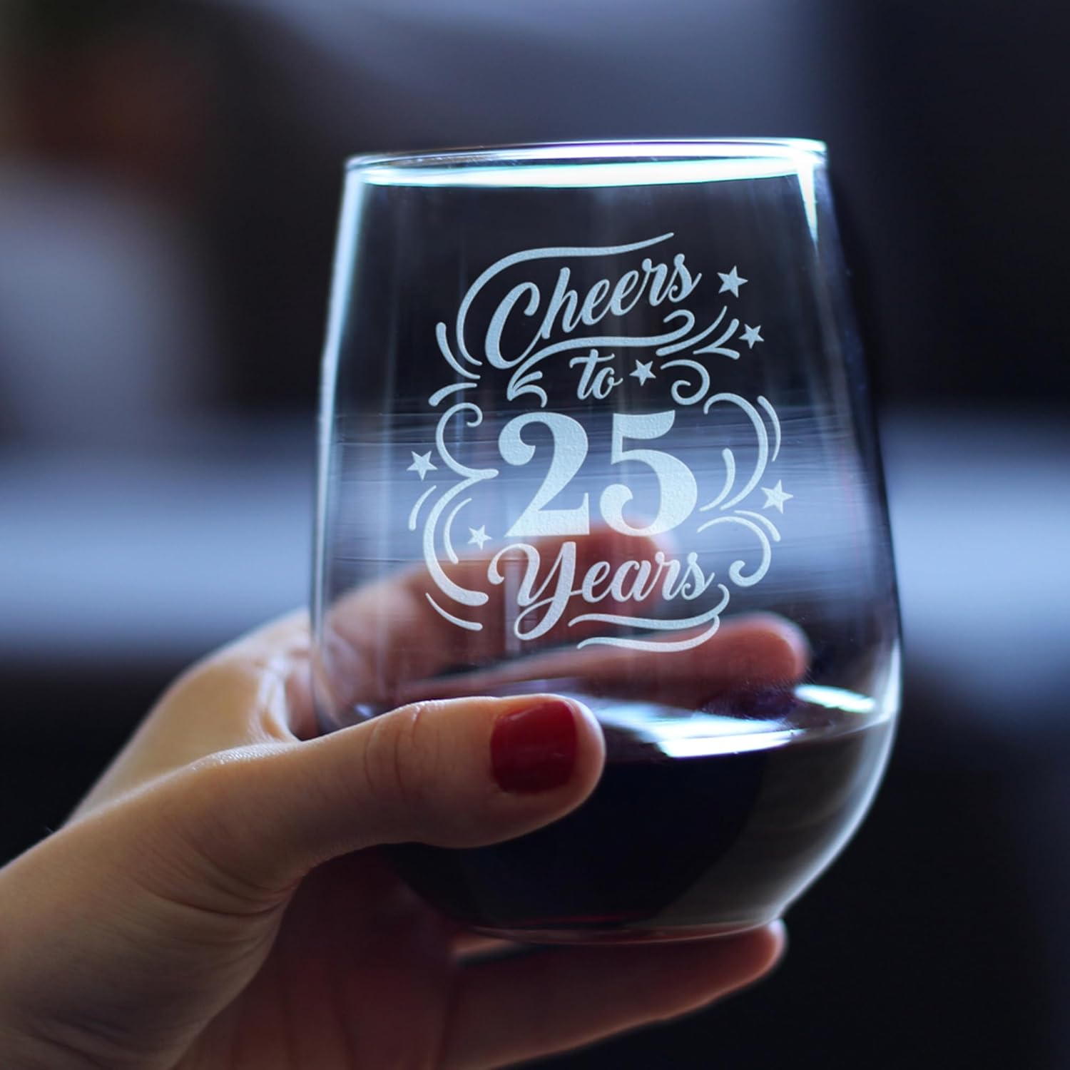 Bevvee Cheers to 25 Years - Stemless Wine Glass Gifts for Women & Men - 25th Anniversary Party Decor - Set of 2 - Large 17 Oz Glasses