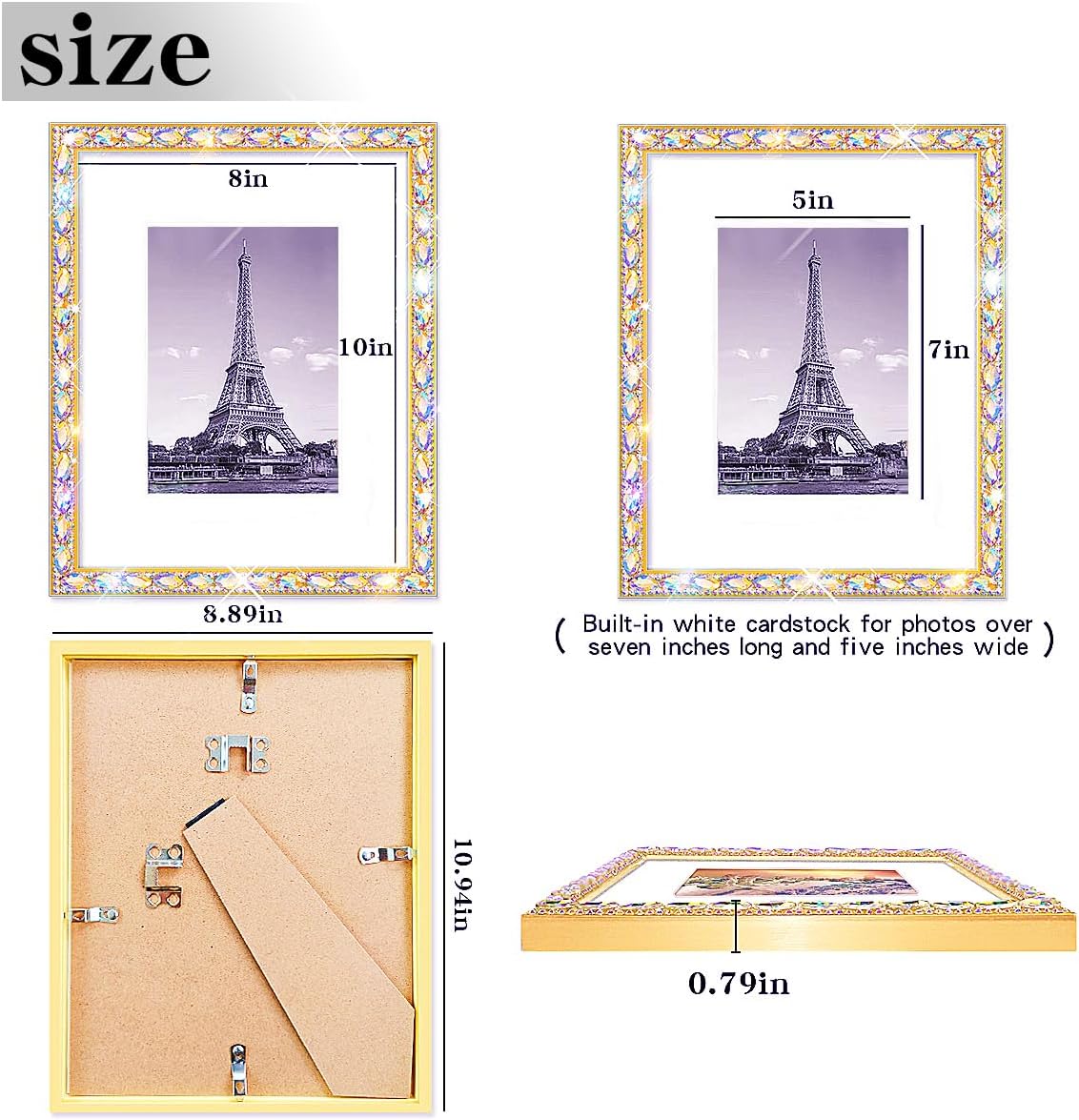 8x10 Bling Picture Frame, Display Pictures 5x7 with Mat or 8x10 Without Mat, Wall Hanging Glitter Diamond Photo Frame With Sparkle Rhinestone, Horizontally or Vertically 1 Pack，gold