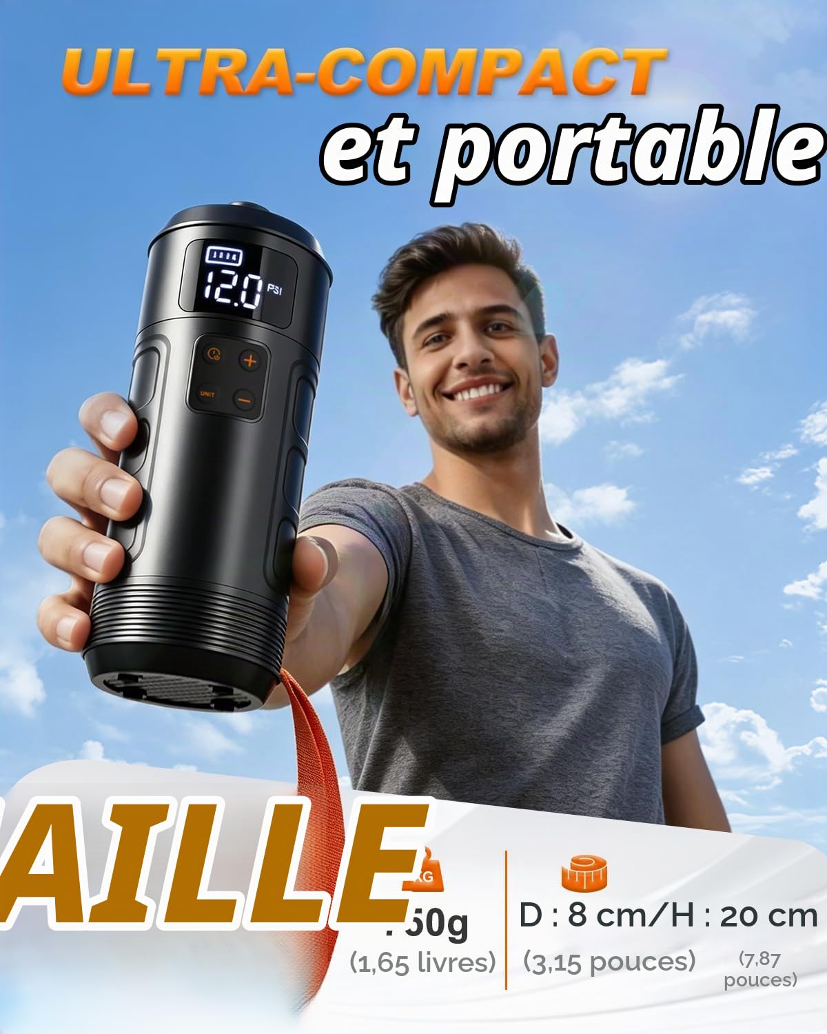 Pompe Sup Rechargeable sans Fil, Pompe À Air Électrique Intelligente 12 PSI avec 7 Buses Et Arrêt Auto, Mini Gonfleur Haute Pression Portable pour Kayak, Bateau Gonflable, Tente, Jouets Piscine