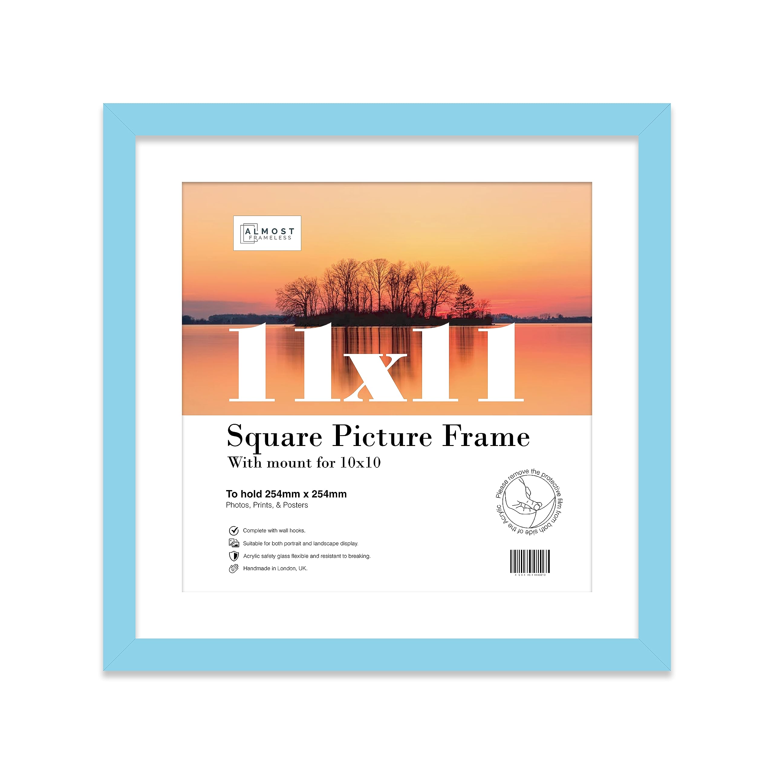 Almost Frameless 11x11 Picture Frame, Display Pictures 10x10 With Mat or 11x11 Without Mat, Wall Hanging Photo Frame, Light Blue, 1 Pack