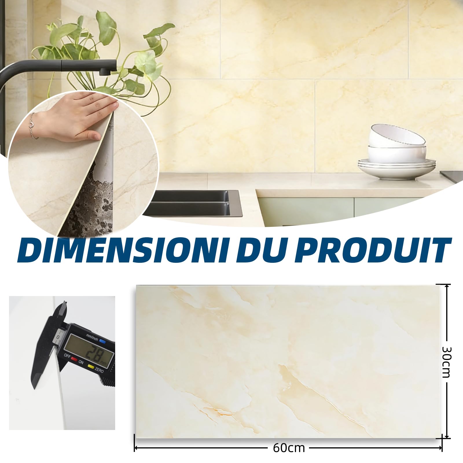10 adesivi per piastrelle da cucina e mobili da bagno, impermeabili, 60 x 30 cm, motivo roccia Jinsha