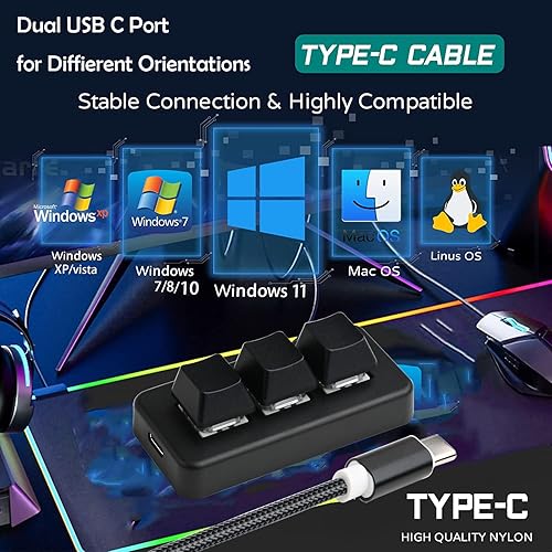 Miniatura 7 de Mini teclado mecánico inalámbrico USB tipo C Bluetooth de 3 teclas, 9 teclas, teclado macro gammable para juegos, control con una sola mano,