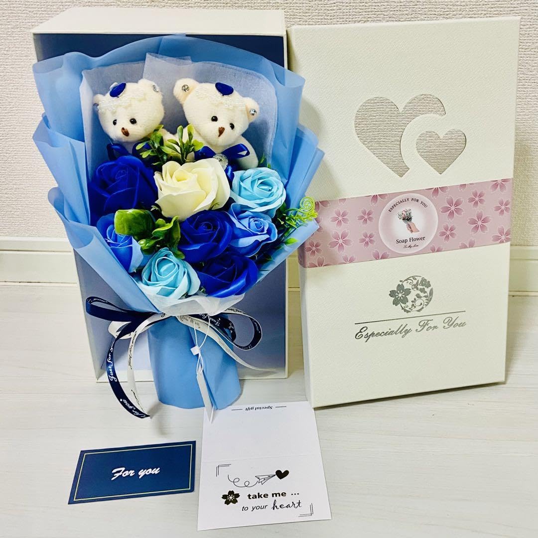 Amazon.co.jp: 花束 ブーケ バラ 青 ローズ ぬいぐるみ くま 可愛い