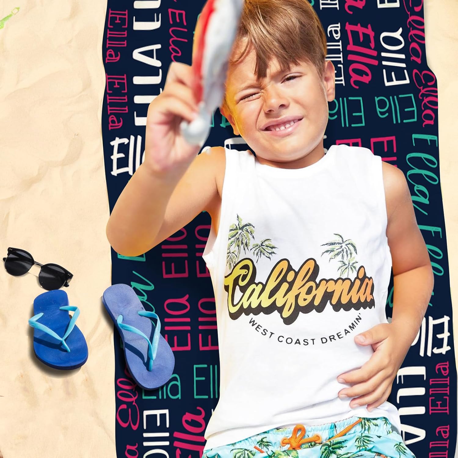 Personalized Beach Towel with Bag - Custom Oversized Soft Lightweight Absorbent Microfiber Bath Pool Towels with Multi-Fonts Name Design for Baby Kids Adults Boys Girls Gifts Color07