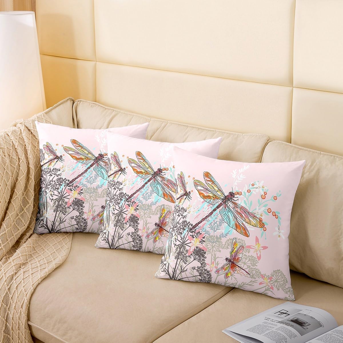Feelyou Dragonfly Throw Pillow Covers 24x24 Inches Dandelion Floral Cushion Covers for Kids Girls Teens Women Bedroom Decor Nature Animals Botanical Pillowcases for Sofa Bed Couch Pink